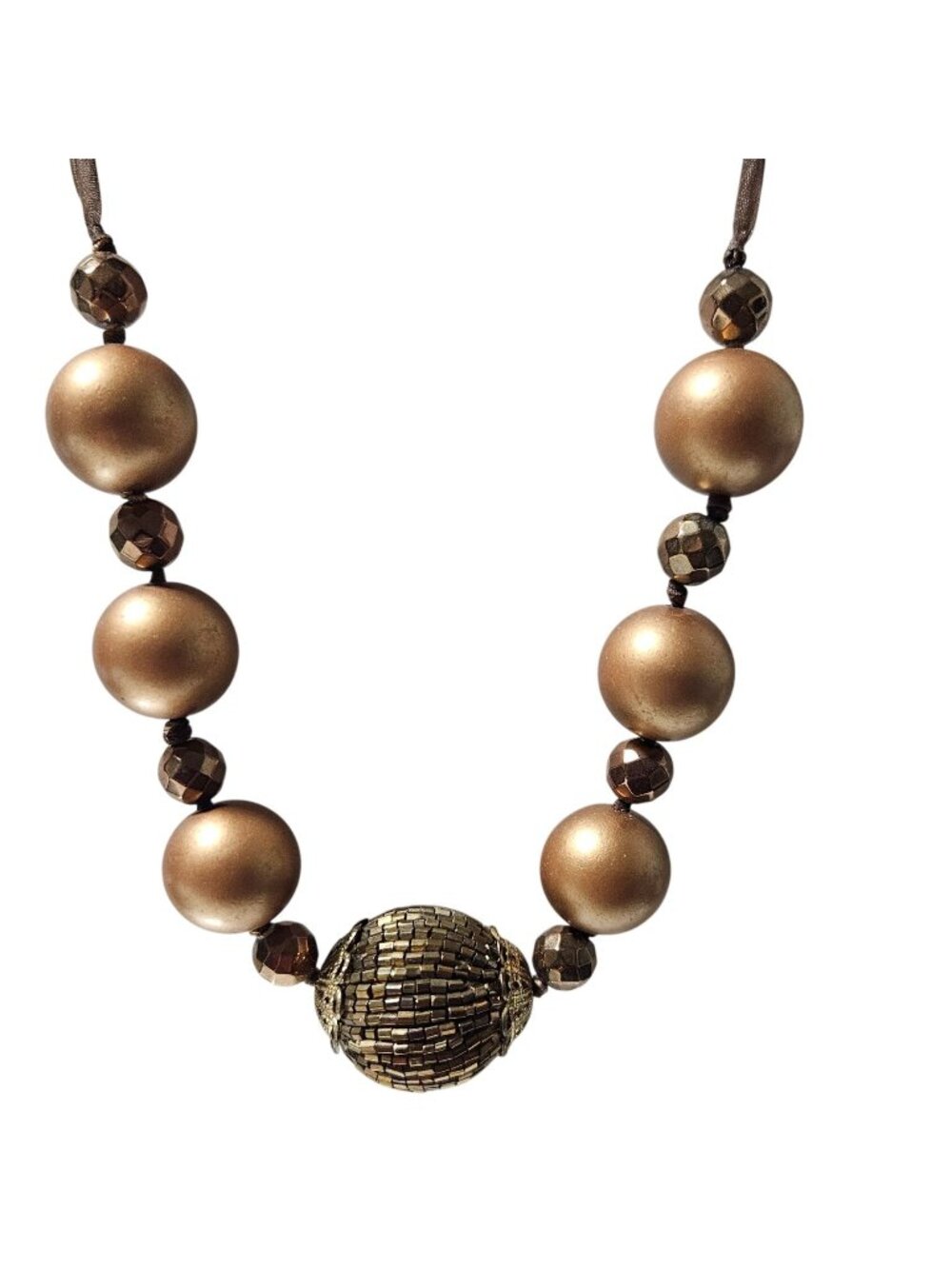 Bronze Gold Tone Beaded Statement Necklace Chunky Round Beads Holiday New Years